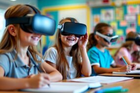 Students using VR and AR headsets in a classroom.