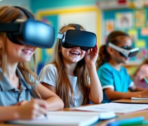 Students using VR and AR headsets in a classroom.