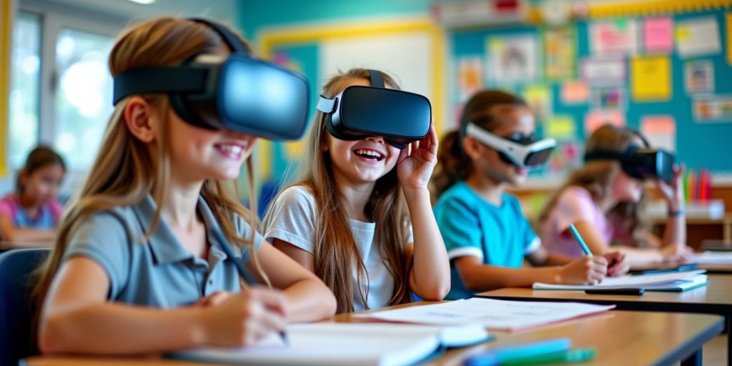 Students using VR and AR headsets in a classroom.