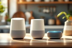 Smart assistants on a kitchen countertop in natural light.