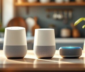 Smart assistants on a kitchen countertop in natural light.