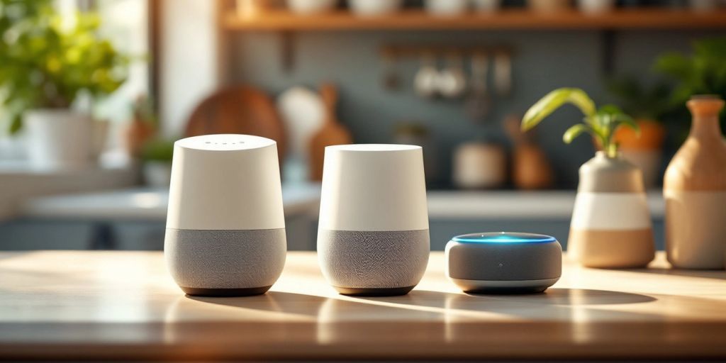 Smart assistants on a kitchen countertop in natural light.