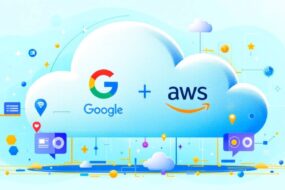 Cloud computing environment with Google and AWS logos.