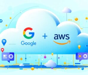 Cloud computing environment with Google and AWS logos.