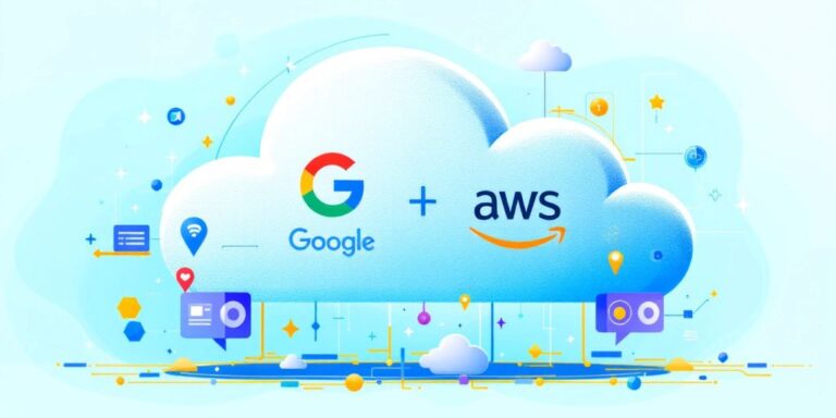 Cloud computing environment with Google and AWS logos.