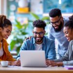 Diverse team collaborating in a modern office setting.