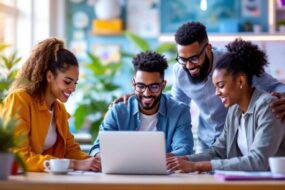 Diverse team collaborating in a modern office setting.