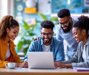 Diverse team collaborating in a modern office setting.