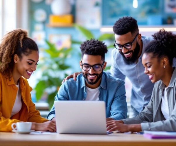 Diverse team collaborating in a modern office setting.