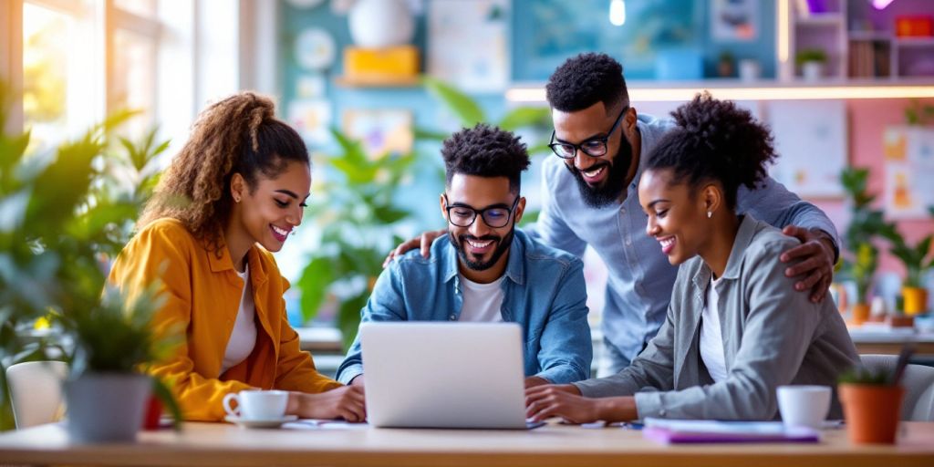 Diverse team collaborating in a modern office setting.