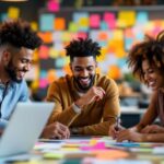 Diverse team collaborating in a modern workspace.