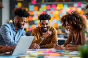 Diverse team collaborating in a modern workspace.