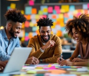 Diverse team collaborating in a modern workspace.