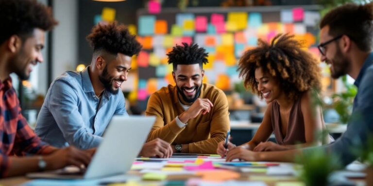 Diverse team collaborating in a modern workspace.