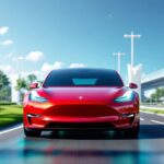 Tesla car on a futuristic road with greenery.