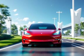 Tesla car on a futuristic road with greenery.