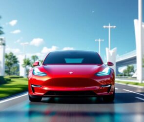 Tesla car on a futuristic road with greenery.