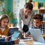 Students using technology in a bright classroom setting.