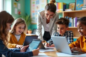 Students using technology in a bright classroom setting.