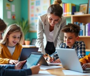 Students using technology in a bright classroom setting.