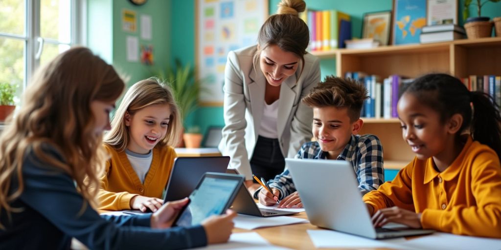 Students using technology in a bright classroom setting.