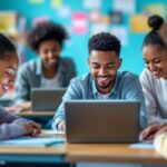 Diverse students using laptops in a modern classroom.