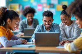 Diverse students using laptops in a modern classroom.