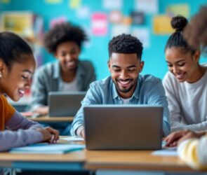 Diverse students using laptops in a modern classroom.