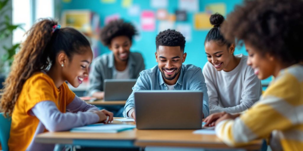 Diverse students using laptops in a modern classroom.