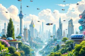 Futuristic cityscape with advanced technology and greenery.