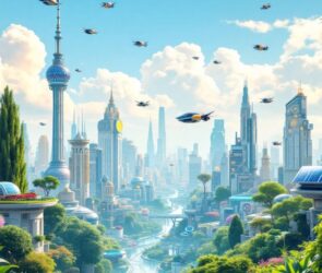 Futuristic cityscape with advanced technology and greenery.