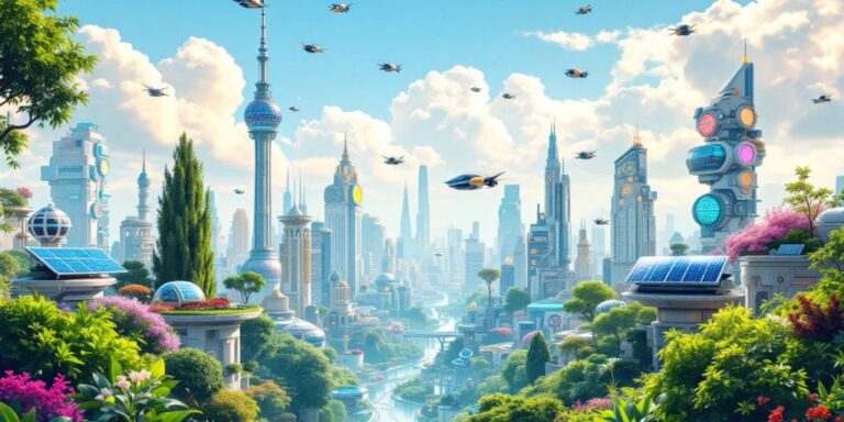 Futuristic cityscape with advanced technology and greenery.