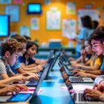 Diverse students using digital devices in a modern classroom.