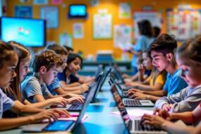 Diverse students using digital devices in a modern classroom.