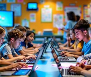 Diverse students using digital devices in a modern classroom.