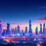 Futuristic city skyline illuminated by technology-inspired lights.