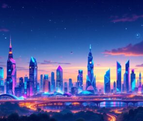 Futuristic city skyline illuminated by technology-inspired lights.