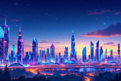 Futuristic city skyline illuminated by technology-inspired lights.