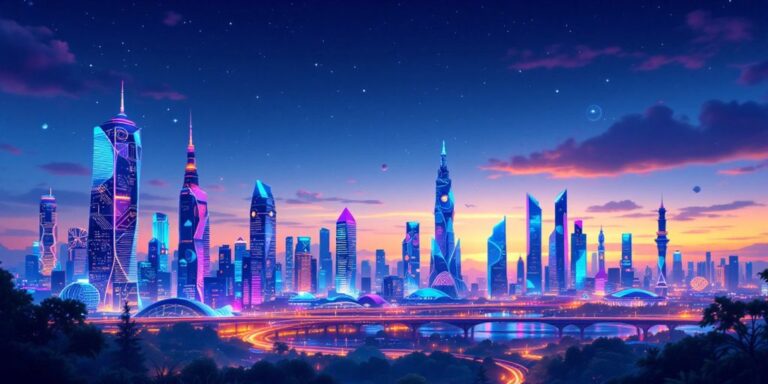 Futuristic city skyline illuminated by technology-inspired lights.