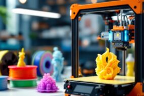 3D printer creating consumer goods in a modern workspace.