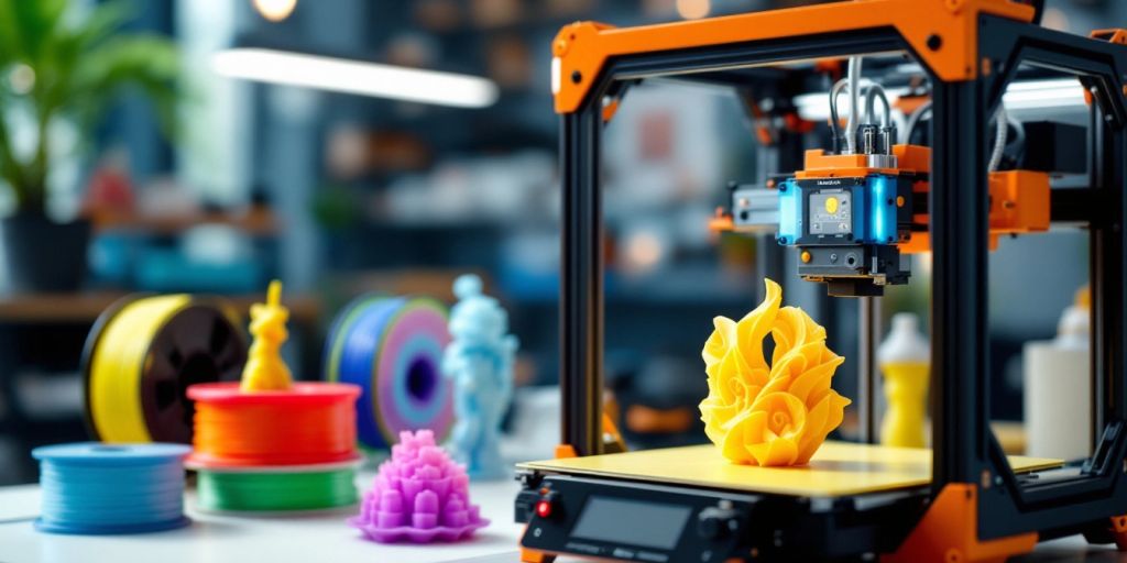 3D printer creating consumer goods in a modern workspace.