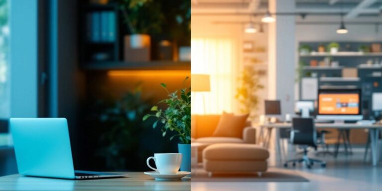 Small business and enterprise office environments side by side.