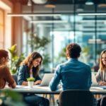 Diverse team collaborating in a modern office setting.