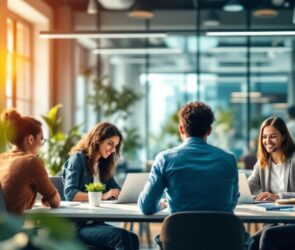 Diverse team collaborating in a modern office setting.