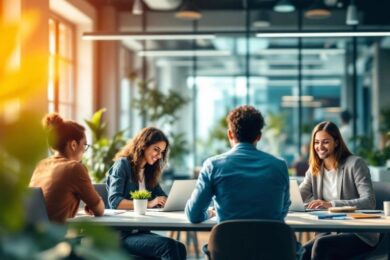 Diverse team collaborating in a modern office setting.