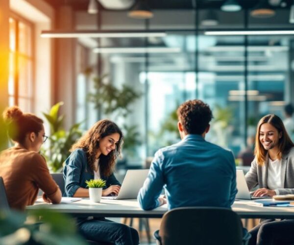 Diverse team collaborating in a modern office setting.