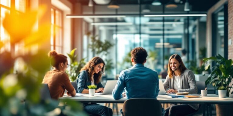 Diverse team collaborating in a modern office setting.