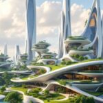 Futuristic buildings with green terraces in an urban landscape.