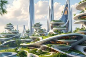 Futuristic buildings with green terraces in an urban landscape.