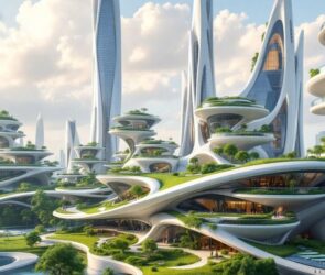 Futuristic buildings with green terraces in an urban landscape.